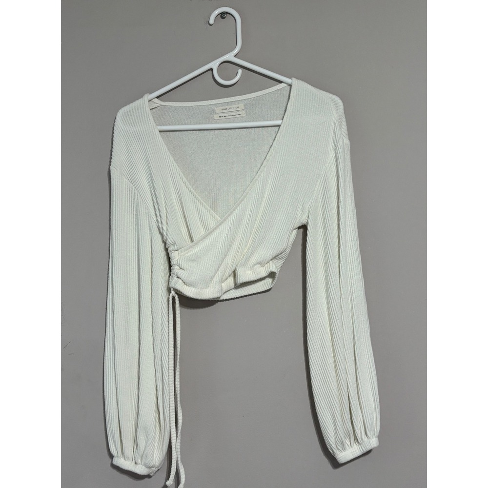 Urban Outfitters Ribbed Surplice Wrap Top Cream Balloon Sleeve Crop XS
